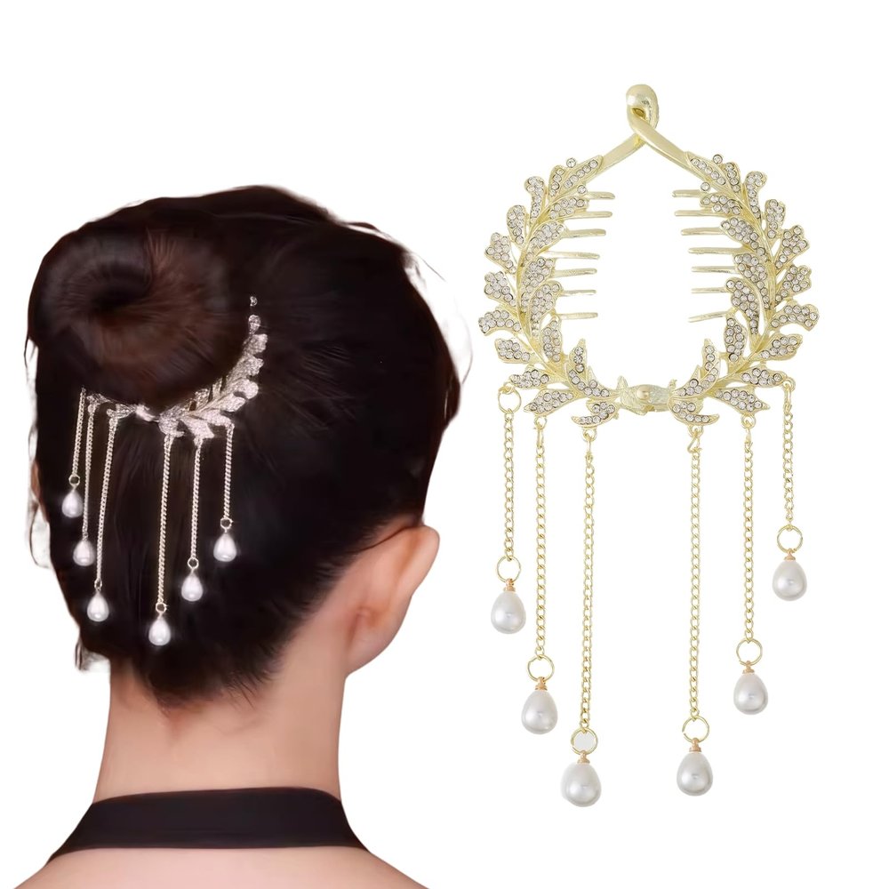 Rannyrena Pearls Tassel Rhinestone Ponytail Claw Clip for Women Crystal Bow Ponytail Bauckle Buns Hair Holder Sparkling Metal Hair Bun Accessories (Gold Ear of Wheat)