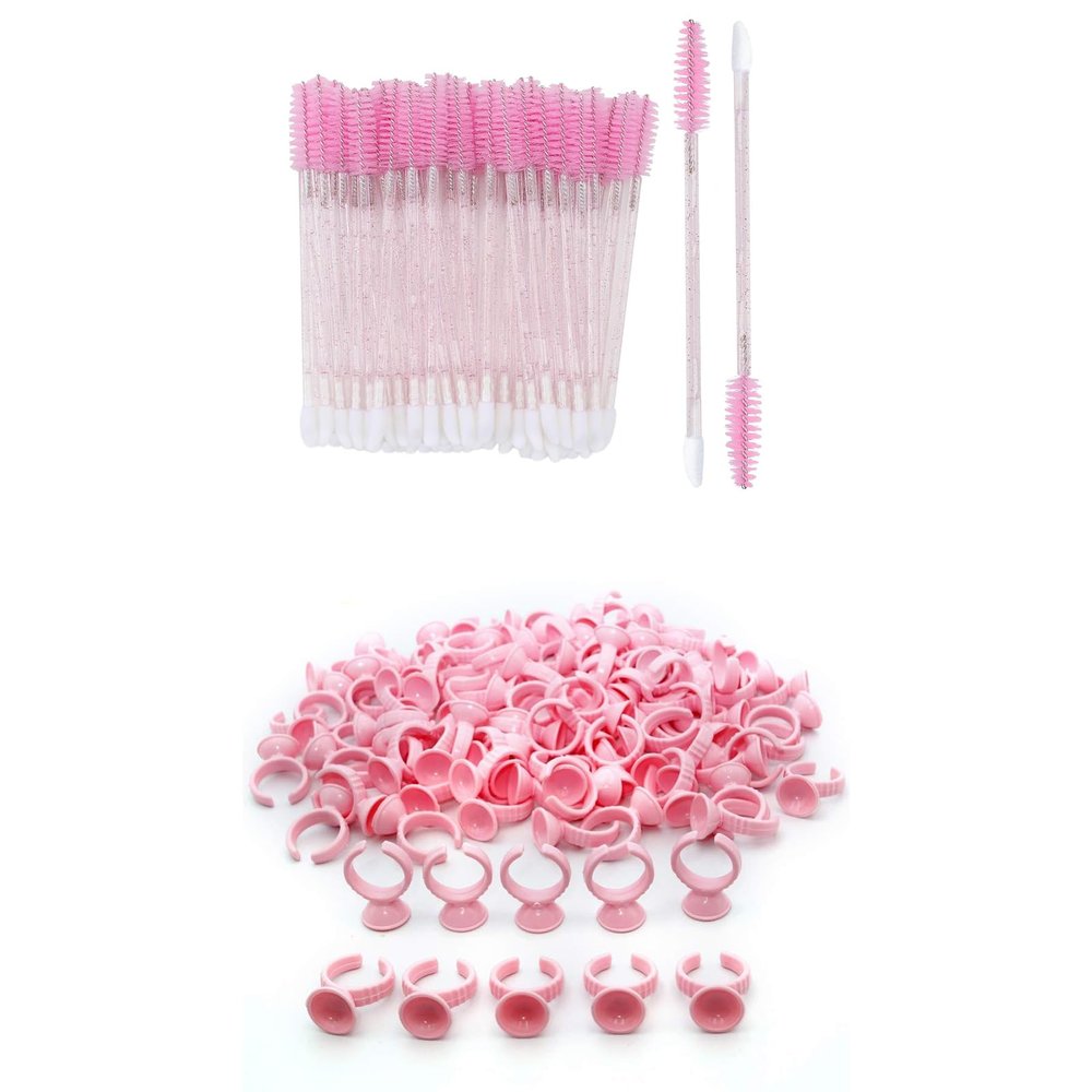 100pcs Eyelash Brush Lip Brush for Lash Extension, 100PCS Pink Disposable Plastic Nail Art Tattoo Glue Rings Holder