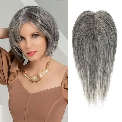 100% Remy Human Hair Toppers Clips In Hair Lace Silk Base Topper Hairpieces for Women Hair Extensions 10 Inch Straight (Grey)