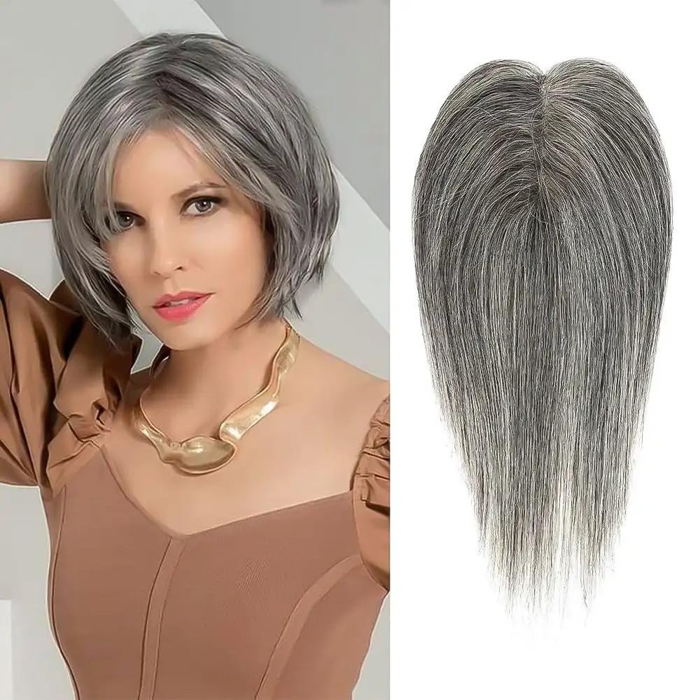 100% Remy Human Hair Toppers Clips In Hair Lace Silk Base Topper Hairpieces for Women Hair Extensions 10 Inch Straight (Grey)