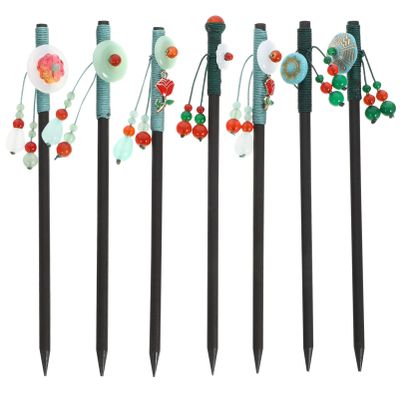 PLAFOPE 7pcs Vintage Hair Accessories Wooden Hair Sticks Tassel Bun Chinese Style