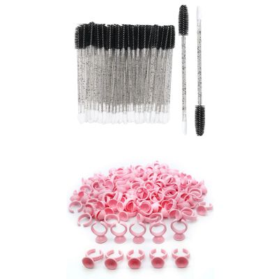 100pcs Eyelash Brush Lip Brush for Eyelash Extension, 100PCS Pink Disposable Plastic Nail Art Tattoo Glue Rings Holder