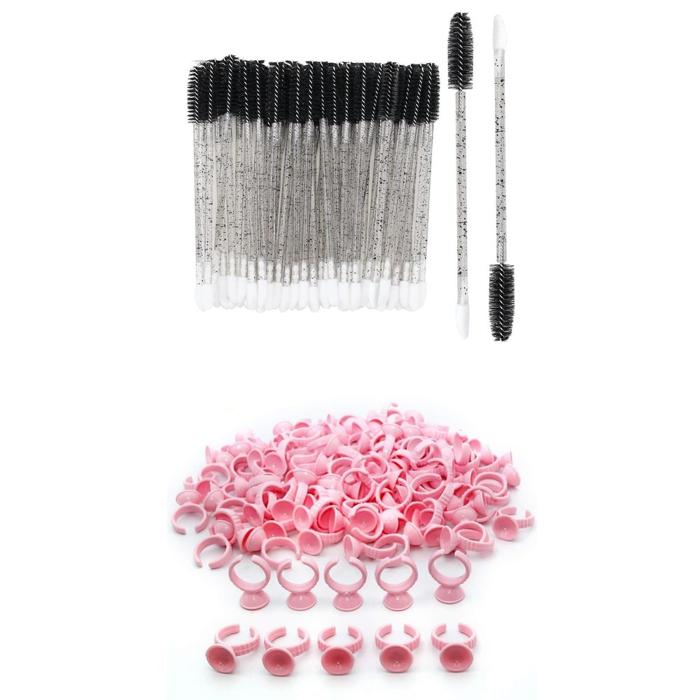 100pcs Eyelash Brush Lip Brush for Eyelash Extension, 100PCS Pink Disposable Plastic Nail Art Tattoo Glue Rings Holder