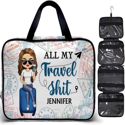 Acalpa Personalized Toiletry Bag - Gift For Traveling Lovers, Besties, Family - Just A Girl Who Loves Traveling (All My Travel Stuff)