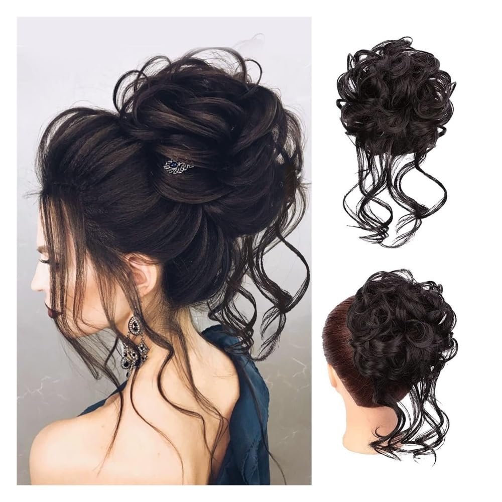 Bun, Synthetic Messy Bun Hair Piece for Women, Wavy Curly Chignon Ponytail Scrunchies for Women(Black brown)