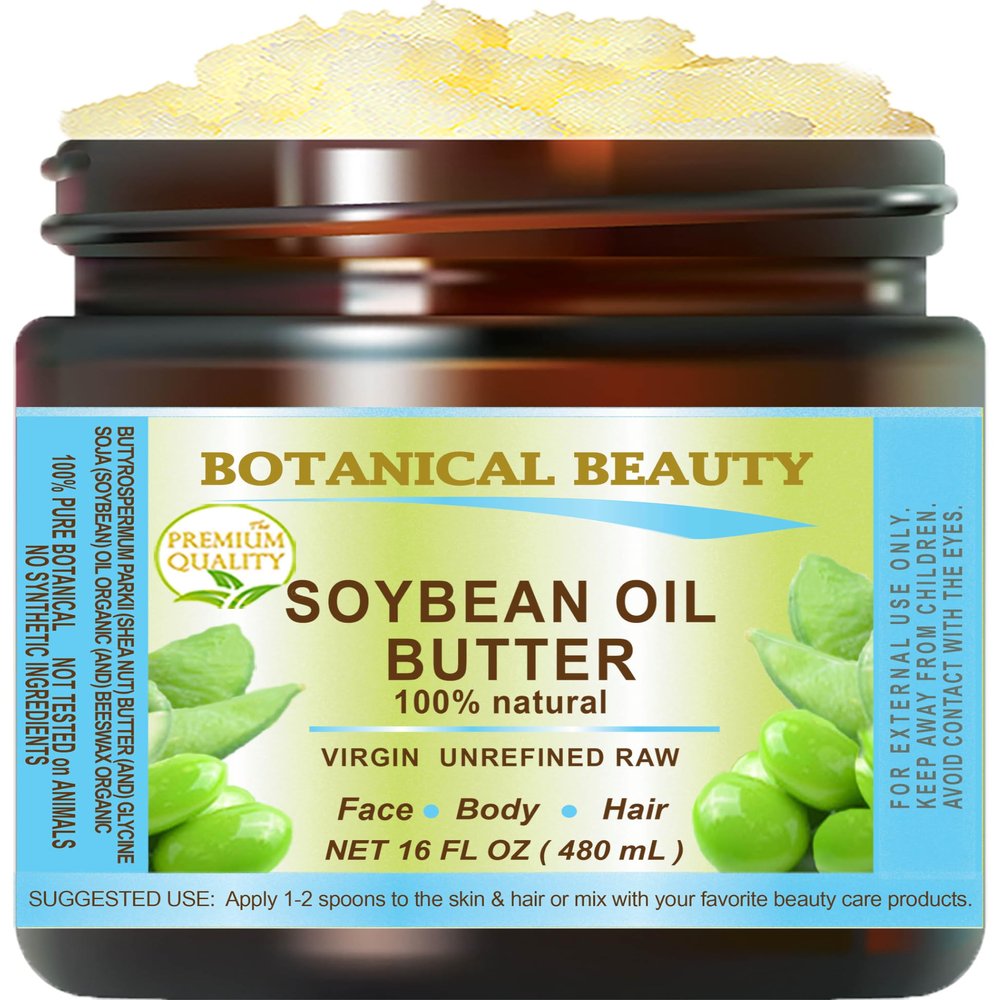 Botanical Beauty SOYBEAN OIL BUTTER 100% Natural Organic Soybean Oil in Shea Nut Butter for FACE, SKIN, BODY, HAIR, NAILS. Beauty Skin Nourishing, Moisturizer Oil Butter (16 Fl Oz)