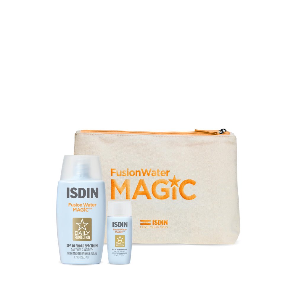 ISDINs Amazon gift set sets you up to be protected from photoaging - at home & on the go, with a FWM 50ML & FWM 10ML in a cute makeup bag