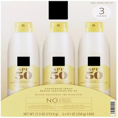 Member Mark SPF 50 Sunscreen Spray, Broad Spectrum, Water Resistant 80 Minutes, Vegan, 3 Cans, 27.3 oz