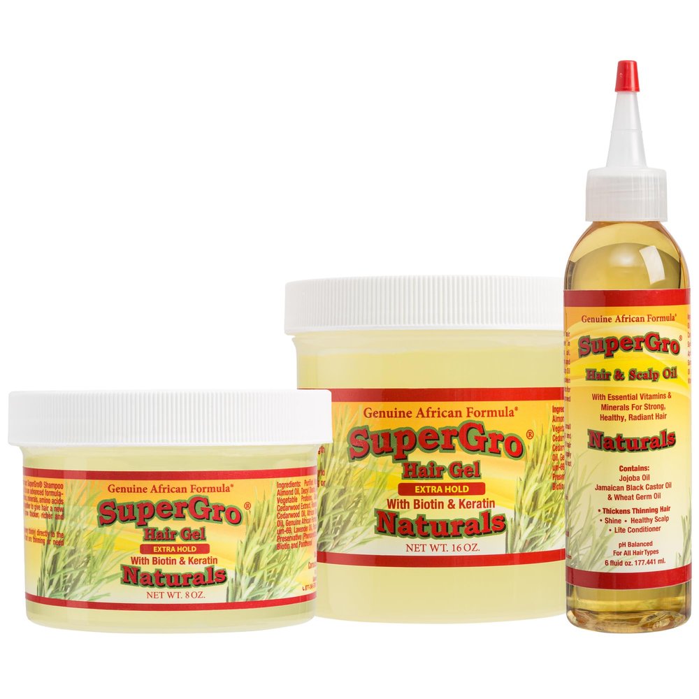 Genuine African Formula 2 Hair Gel with Extra Hold 16 Oz, 8 Oz and Hair & Scalp Oil - 6 Oz, Bundle