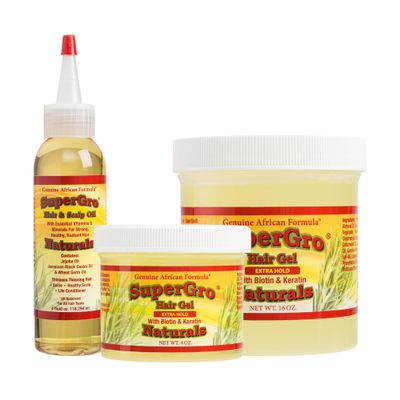 Genuine African Formula 2 Hair Gel with Extra Hold 16 Oz, 4 Oz and Hair & Scalp Oil 4 Oz, Bundle