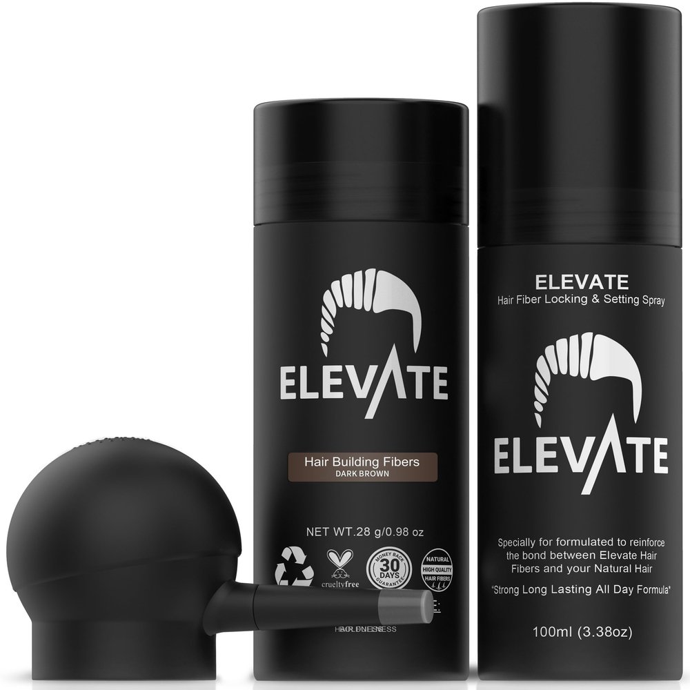 Elevate Hair Fibers Kit & Holding Spray Bundle 3-in-1 Hair Thickening Fibers with Spray Applicator & Locking Spray for All-Day Hold  Instantly Conceal Thinning Hair for Men & Women (Dark Brown)