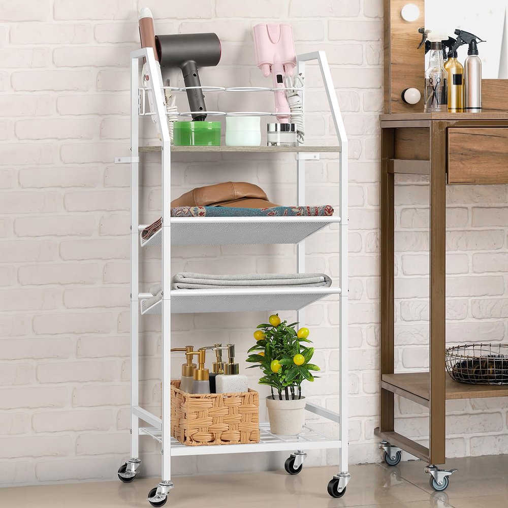 OYEAL White Bathroom Storage Cart Rolling Towel Cart On Wheels Freestanding Bathroom Shelf Unit with Hair Dryer Holder for Small Spaces, Living Room, Kitchen