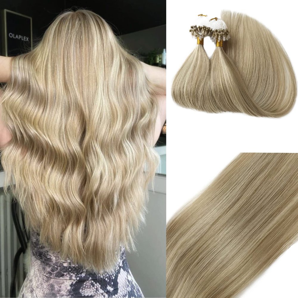Highlight Micro Ring Remy Human Hair Extensions, Ombre Platinum Blonde Mixed Beige Blonde Pre Bonded Micro Tip Human Hair Extensions for Women 50g/50s 16inch Straight