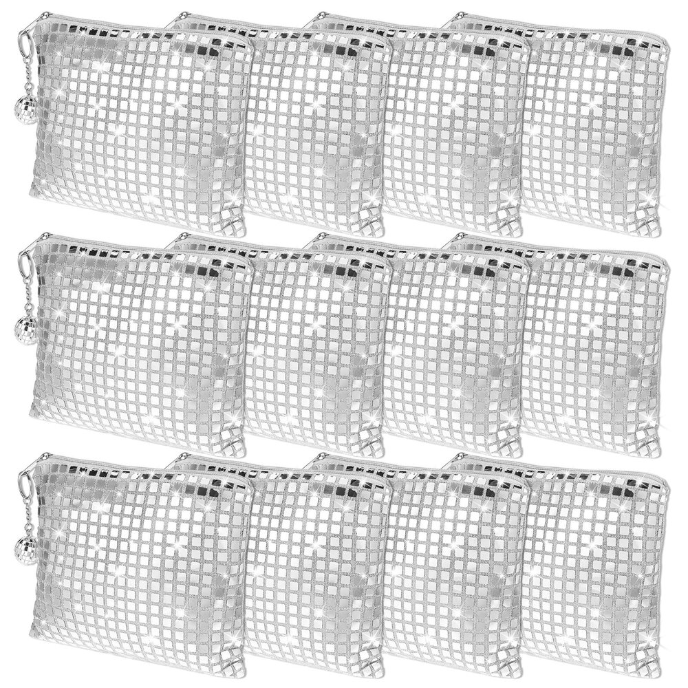 12 Pcs Disco Cosmetic Bags with Zipper Disco Party Favors Silver Glitter Sequin Mirror Makeup Bags for Bachelorette Bridal Shower Wedding 70s 80s 90s Disco Ball Party Favors