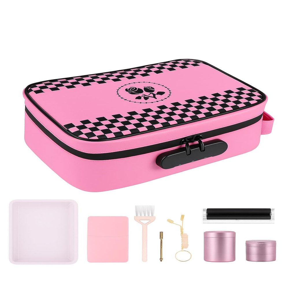 ANZOME Large Smell Proof Storage Bag with 7 Accessories, Lockable Stash Box with Combination Lock, Portable Travel Organizer Case with Activated Charcoal, Pink Gift for Women