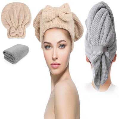 Molirex Hair Towel Wrap for Women 2 Pack, Anti-Frizz Microfiber Hair Plopping Towel Super Absorbent Quick Dry Turbans for Curly Wet Hair Grey Khaki