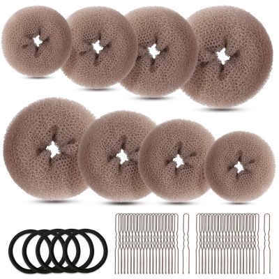 FANDAMEI Hair Bun Maker Set- 8 PCS Hair Donuts for Buns (2 Extra-large,2 Large,2 Medium and 2 Small), 40 PCS Bobby Pins, 5 PCS Hair Elastic Ties Black,Bun Maker - Tan Brown