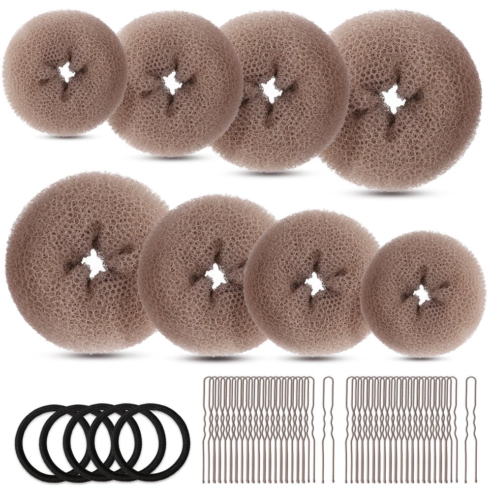 FANDAMEI Hair Bun Maker Set- 8 PCS Hair Donuts for Buns (2 Extra-large,2 Large,2 Medium and 2 Small), 40 PCS Bobby Pins, 5 PCS Hair Elastic Ties Black,Bun Maker - Tan Brown