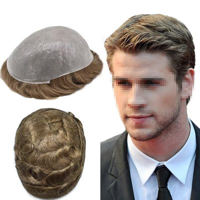 FNY HAIR Ultra Thin Skin Mens Toupee Hair Piece Indian Remy Human Hair Replacement System V-Looped PU Toupee for Men #1840 18# MEDIUM BLONDE WITH 40% SYNTHETIC GREY 8X10-80% Light Density