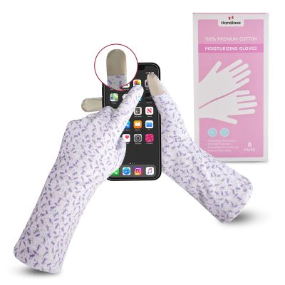 HandLove Premium 100% Cotton Gloves | Moisturizing Gloves for Dry Hands | Overnight Sleeping & Eczema | Touchscreen Friendly | Extended Wrist White Gloves & Lavender Dots, 6Pairs