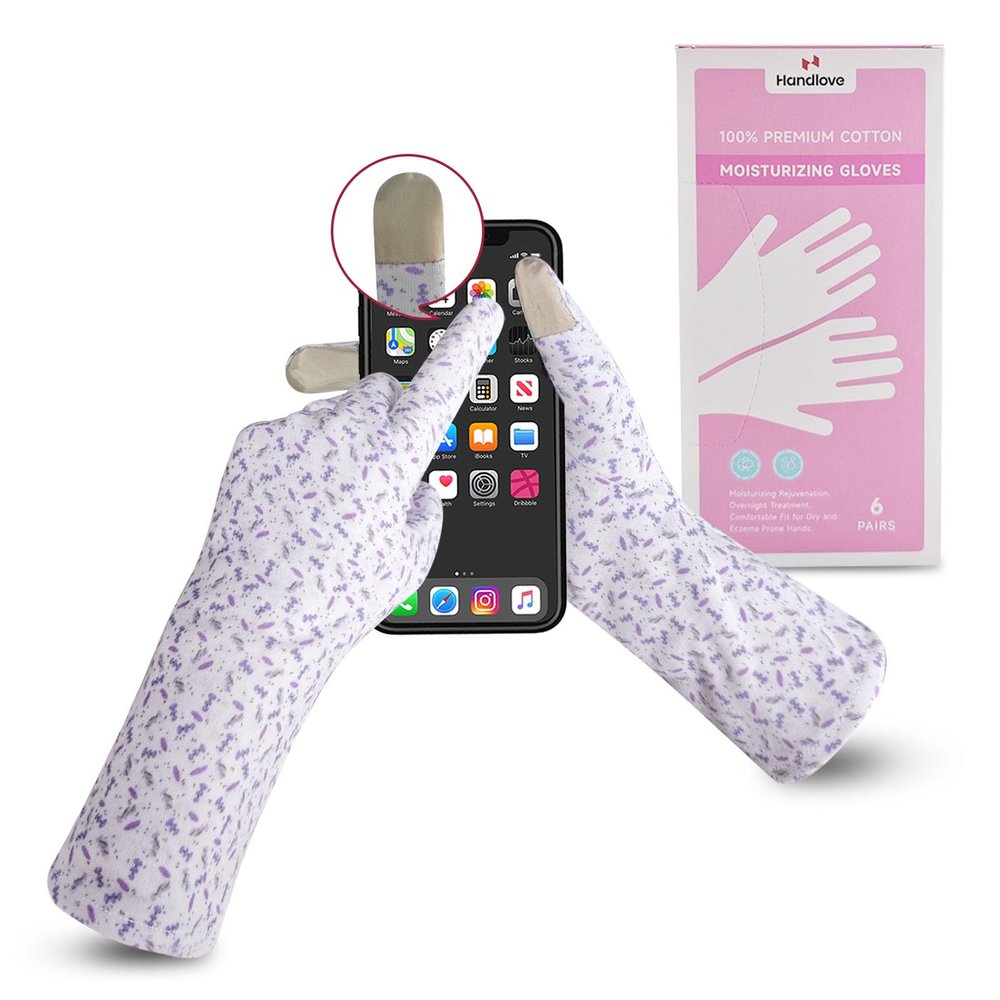 HandLove Premium 100% Cotton Gloves | Moisturizing Gloves for Dry Hands | Overnight Sleeping & Eczema | Touchscreen Friendly | Extended Wrist White Gloves & Lavender Dots, 6Pairs