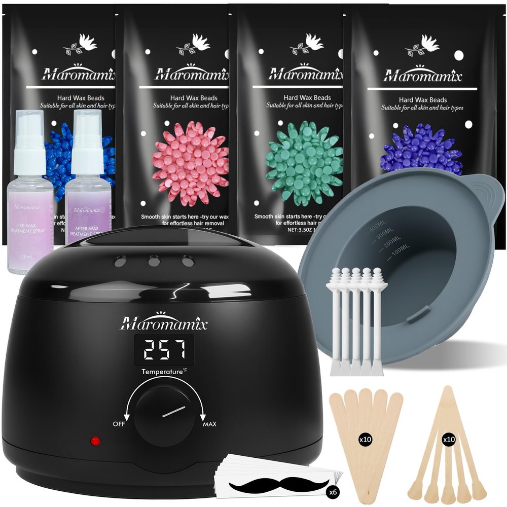 Waxing Kit -Digital Wax Warmer Machine for Hair Removal with 4 Packs of Hard Wax Beads & Silicone Pot for Full Body, Legs, Face, Eyebrows, Bikini, Brazilian at Home Waxing Kit for Men Women