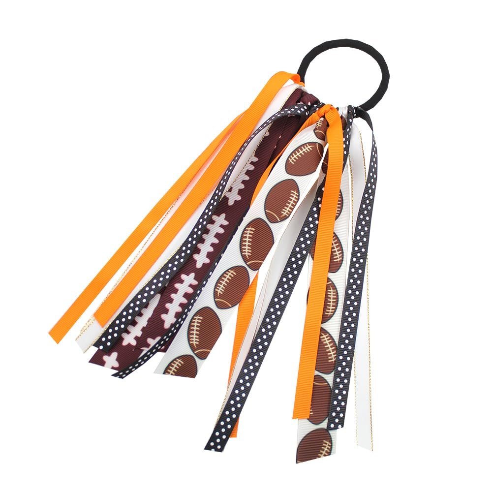 10pcs Sport Football Pattern Hair Tie Streamer, Orange and Brown Team Colors, 10 Inch Ribbon Ponytail Holder girl hair bows