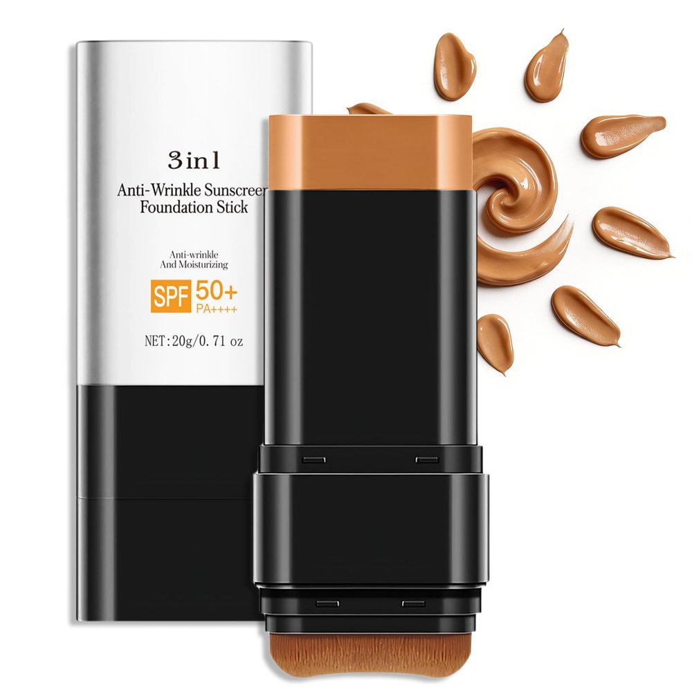 20g Full Coverage Foundation Stick with Contour Brush, 3-in-1 Sunscreen Anti-Wrinkle Contouring Stick, Long-lasting Natural Makeup Finish for All Skin Types (Dark)