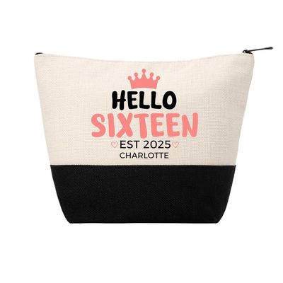 Personalized Makeup Bag Custom Travel Organizer Cosmetic Pouch for Women Toiletry Bag Accessories Storage Gift (Hello Sixteen)