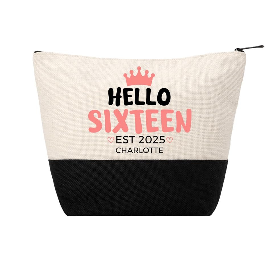 Personalized Makeup Bag Custom Travel Organizer Cosmetic Pouch for Women Toiletry Bag Accessories Storage Gift (Hello Sixteen)