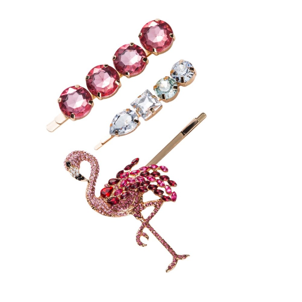 Women Flamingo Barrettes 3 Piece Acrylic Rhinestone Hair Clips