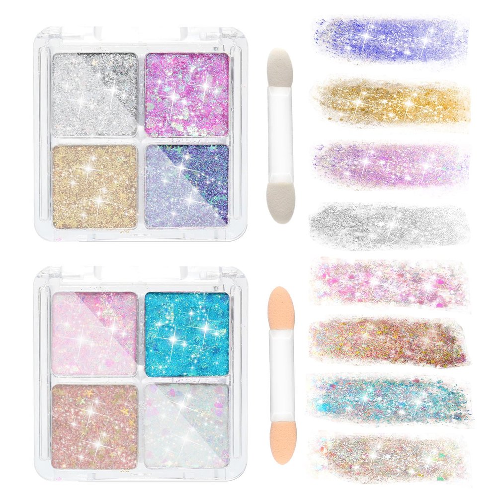2-Pack Face Gems Glitter Palette Set, 8 Vibrant Colors Body Glitter Gel with 2 Applicators, Long-Lasting Face Cheeks, Eyes, Body  No Glue Needed, Perfect for Parties, Halloween, Festivals