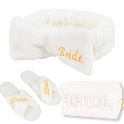 CIEHER Bride To Be Gift Set - Bride Spa Headband & Slippers, Makeup Bag, Bridal Gifts for Bachelorette Party Favors Bridal Shower Wedding Day