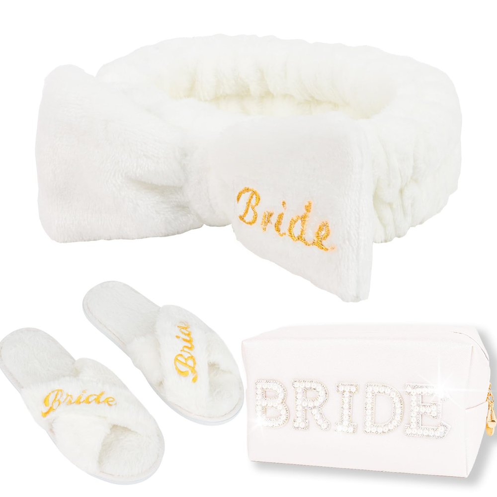CIEHER Bride To Be Gift Set - Bride Spa Headband & Slippers, Makeup Bag, Bridal Gifts for Bachelorette Party Favors Bridal Shower Wedding Day