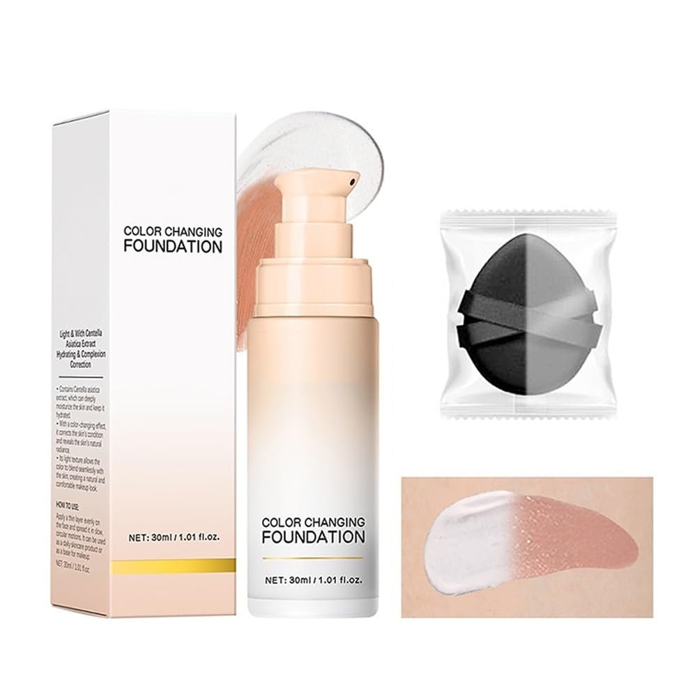 Color Changing Foundation 30ml Lightweight Liquid Makeup for to Natural & Dark Skin Tones, Long-Lasting Moisturizing Base with Flawless Coverage(White)