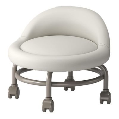 ZOCWJK Rolling Footstool with Backrest and Wheels for Easy Mobility Short Seat Stool with Swivel Caster Wheels and PU Leather Upholstery Compact White Foot Stool for H(White