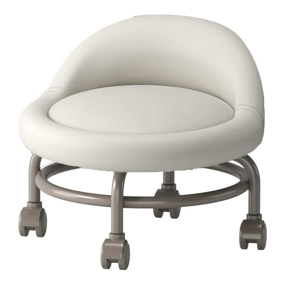 ZOCWJK Rolling Footstool with Backrest and Wheels for Easy Mobility Short Seat Stool with Swivel Caster Wheels and PU Leather Upholstery Compact White Foot Stool for H(White