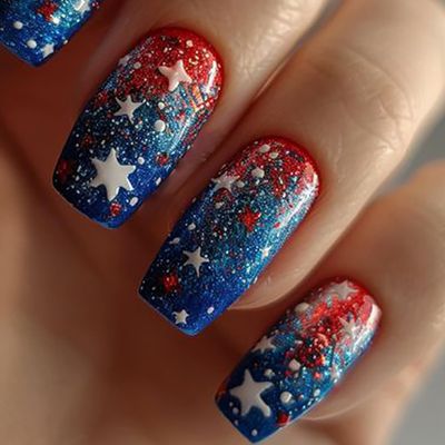 24Pcs American Independence Day Press on Nails Square Medium Fake Nails with Red Blue White Gradient Star Designs Artificial Nail 4th of July Full Cover Stick on Nails for Women and Girls