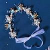 YUEKISEN Bridal Pearl Wedding Headband Gold Leaf White Flower Headpiece Princess Fairy Flower Headband Floral Hair Accessories for Women Photography Party Prom (Blue) view 1