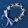 YUEKISEN Bridal Pearl Wedding Headband Gold Leaf White Flower Headpiece Princess Fairy Flower Headband Floral Hair Accessories for Women Photography Party Prom (Blue) view 2