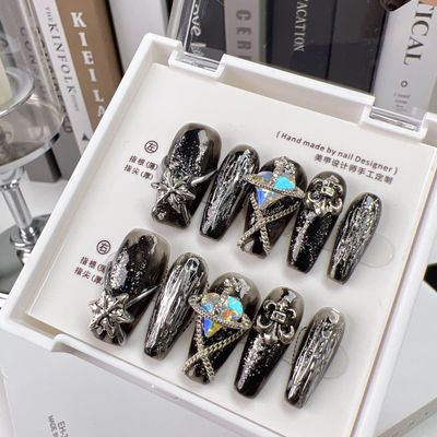 Amofatia Coffin Press on Nails - Handmade Manicure Custom Art Reusable False Nails 10pcs with Solid Nail Glue&Nail Adhesive Tabs (04-Short)