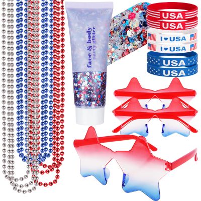 Go Ho 4th of July Outfits for Women,Red White and Blue Face Body Glitter Gel,9 PC Necklaces,3 Pairs Star Sunglasses and 6 PC Rubber Bracelets Wristbands Set for USA Patriotic Outfits Makeup