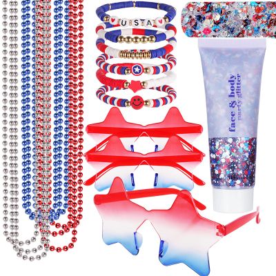 Go Ho 4th of July Outfits for Women,Red White and Blue Face Body Glitter,9PC Necklaces,3PC Star Glasses and 6PC Patriotic Bracelets,4th of July Accessories,Fourth of July Decorations Favors Set