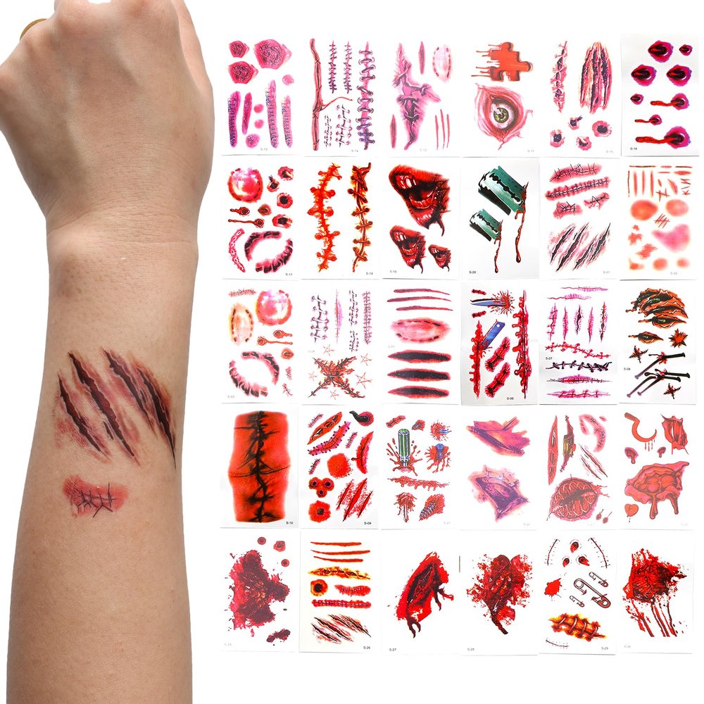 10 Sheets Halloween Zombie Scar Temporary Tattoos10pcs Fake Bloody Wound Stitch Scar Scab Waterproof Sticker Halloween Masquerade Prank Makeup Props makeup accessories for men and women