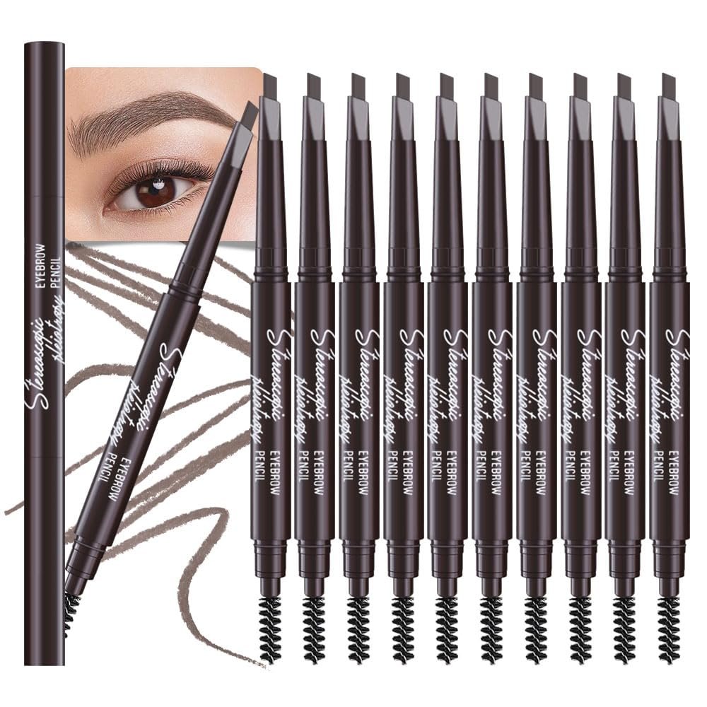 12 Pcs Ultimate Eyebrow Retractable Definer Pencils,Dual-Sided Natural Soft Textured Eyebrow Pencil, for Daily Look Eyebrow Makeup,Brow Brush,Fine Tip (12Pcs-Dark Brown-Retractable Triangle)