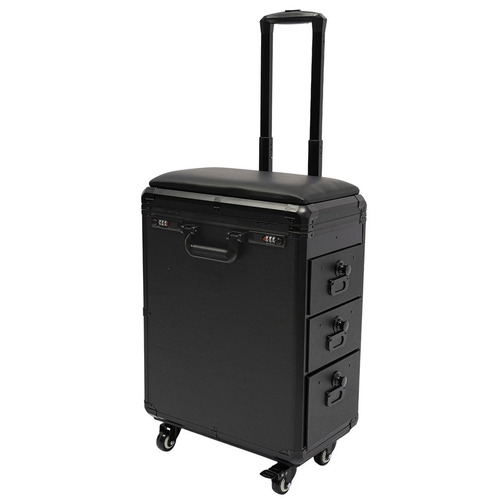 BuufuS Rolling Makeup Train Case, 2 Gear Pull Rod Makeup Cosmetic Suitcase with 3 Digits Lock Artist Travel Case with 3 Side Drawers for Beauty Nail Art Hair Styling Crafter(Metal Panel)