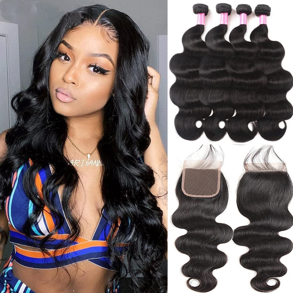 12A Body Wave Bundles with Closure Brazilian Human Hair 4 Bundles with Closure20 22 24 26+18Body Wave 100% Unprocessed Virgin Hair Bundles with 4x4 Lace Closure Free Part Natural Black
