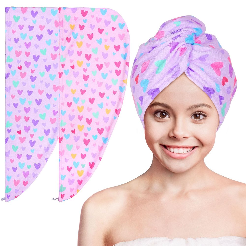 Basumee Microfiber Hair Towel Wrap for Kids 2 Pack Rapid Drying Hair Towel with Button Hair Turbans for Wet Hair Wraps Head Towel Wrap for Women and Girls