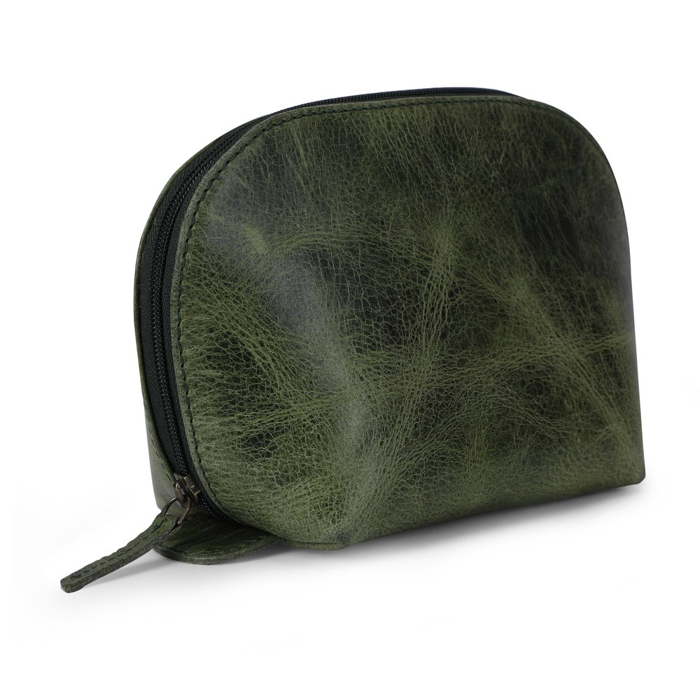 TheAntiq Green Leather Cosmetic Bag - Leather Makeup Pouch, Toiletry Bag for Men & Women, Small Make up Bag, Coin Pouch, Portable Makeup Case for Purse & Travel, Slim, Durable & WaterProof Resistant