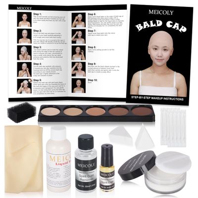 MEICOLY Bald Cap Kit for Women and Men,All-in-One Bald Cap Costume Set for Halloween SFX Makeup,Cosplay,Performance Stage,Theatre,Film,Spirit Gum and Remover Kit,Setting Powder,Liquid Latex,10PCS